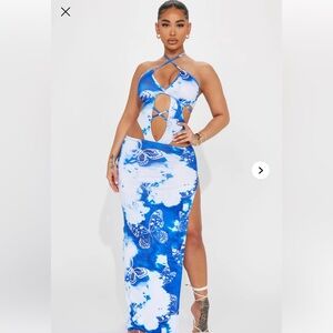 Blue and White Butterfly Print Cut Out Maxi Dress with High Side Slit